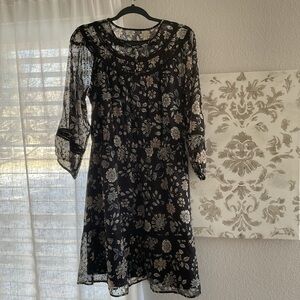 LOFT Black Floral Long Sleeve Dress